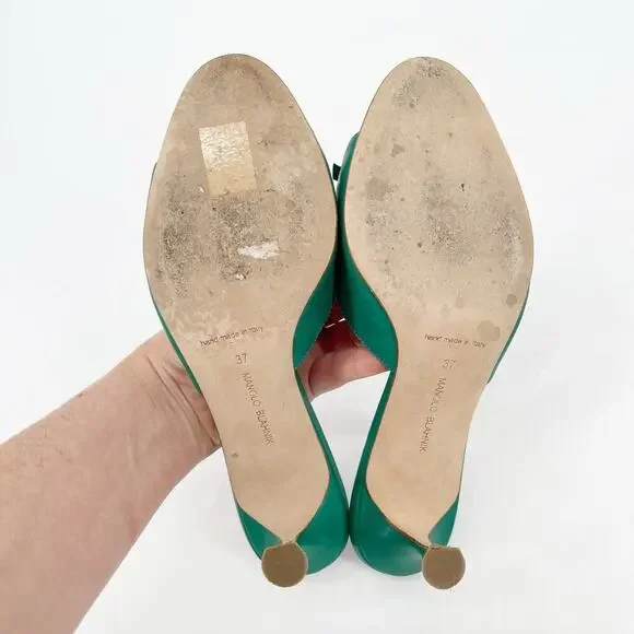 Manolo Blahnik Green Leather Pertinanu Bow Detail Kitten Heel Mules IT 37 - Picture 9 of 10